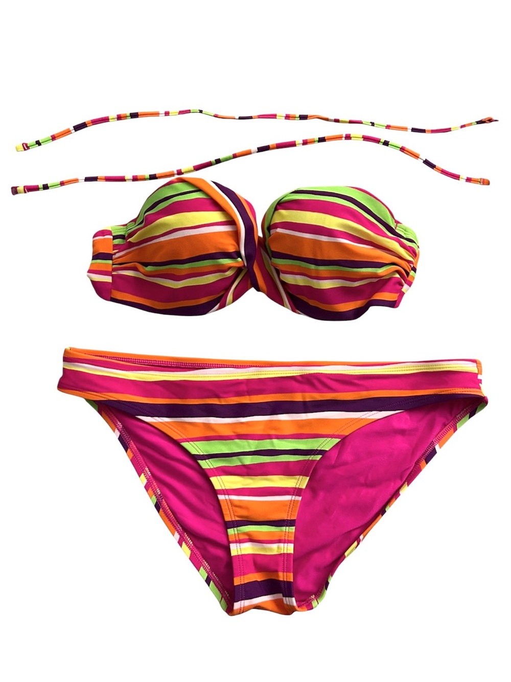 Aerie Swim Pink Green Yellow Orange Stripe Bikini Swimsuit - 34B & Medium